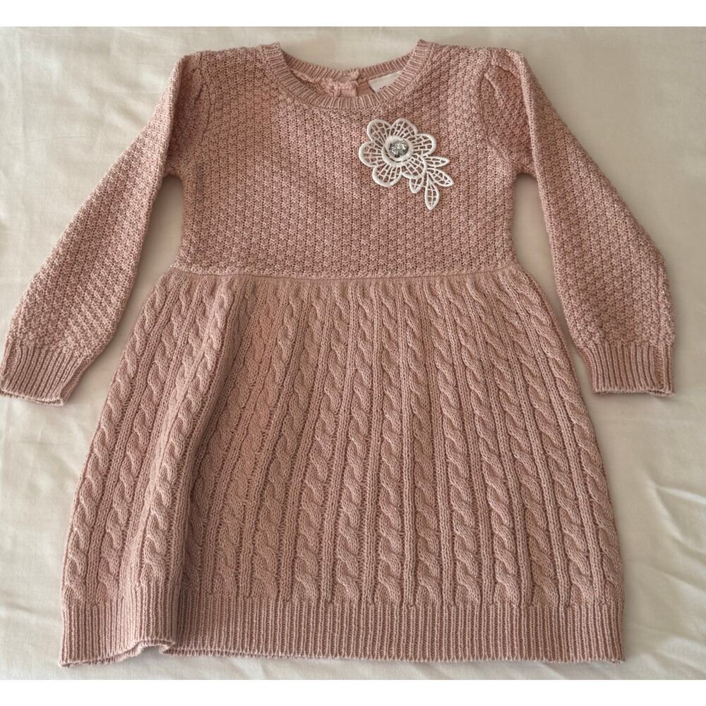Girls Little Lass Pink Sweater Knit Dress 12 Months Lace Flower Silver Accents